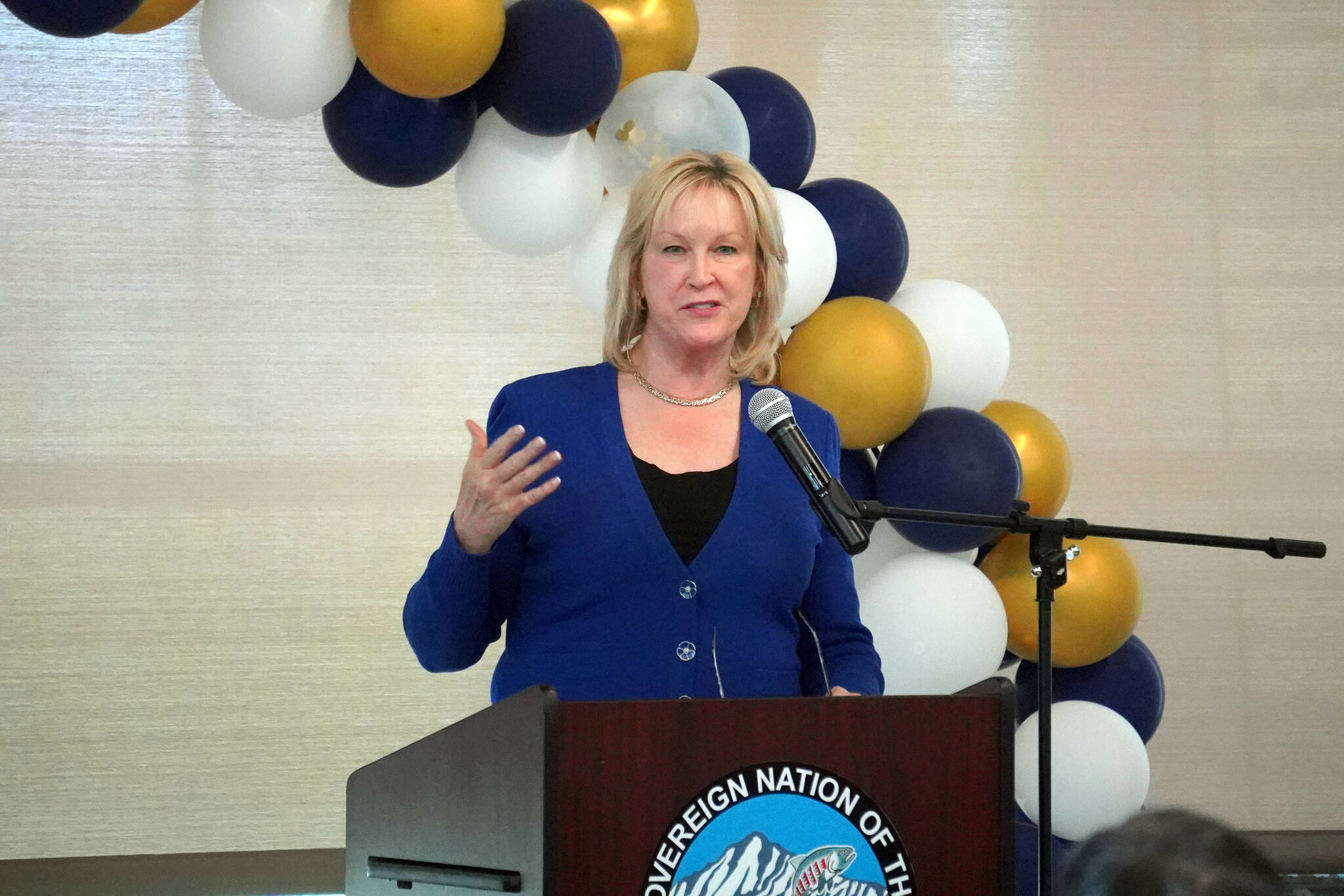 Jake Dye/Peninsula Clarion
FILE - Alaska Lieutenant Governor Nancy Dahlstrom speaks during a celebration of the 10th anniversary of the Dena’ina Wellness Center in Kenai, Alaska, on Friday, July 12, 2024.