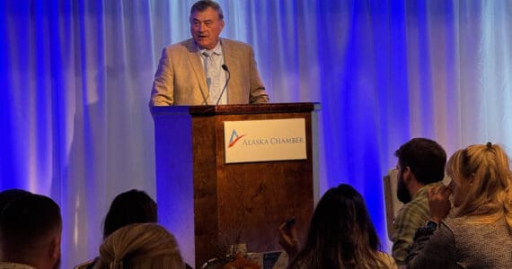 HEX, LLC and Furie Operating Alaska president and CEO John Hendrix speaks during the 2025 Premier Business Awards, hosted by the Alaska Chamber at the Alaska Business Summit, on Oct. 9, 2025, at the Alyeska Resort in Girdwood, Alaska. Photo provided by Lauren Hendrix