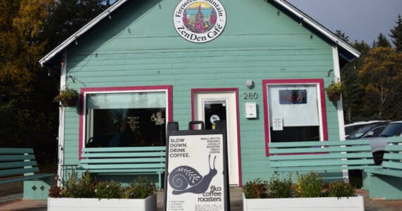 A Fika Coffee Roasters sign sits outside of ZenDen Cafe on Tuesday, Oct. 7, 2025, in Homer, Alaska. (Delcenia Cosman/Homer News)