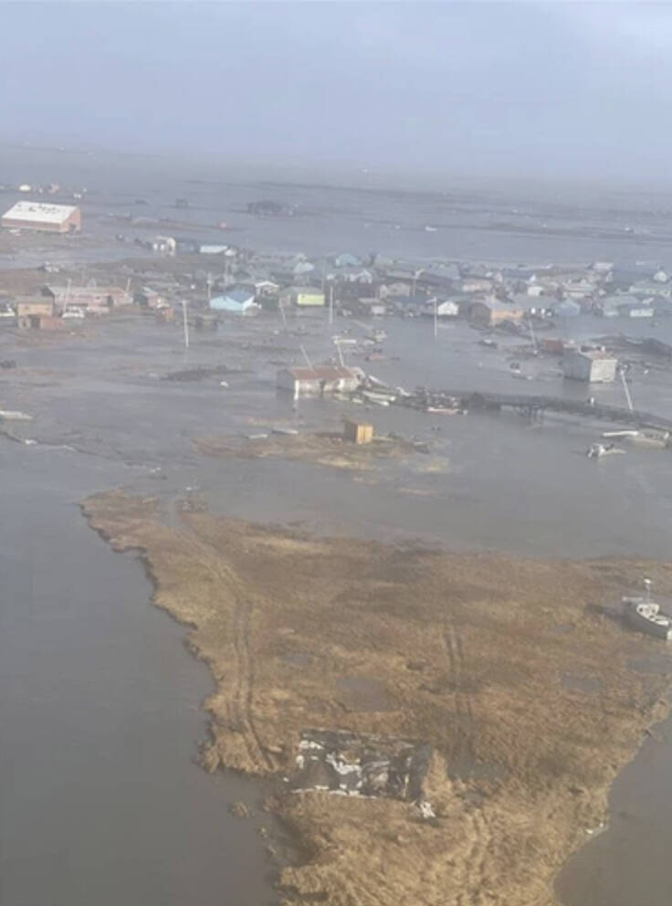 U.S. Coast Guard MH-60 Jayhawk helicopter aircrews conduct overflights of Kipnuk, Alaska, after coastal flooding impacted several western Alaska communities, Oct. 12, 2025. (U.S. Coast Guard photo courtesy of Air Station Kodiak)