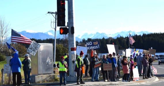 More than 700 protesters line the sidewalks along the intersection of Lake Street and Sterling Highway during the "No Kings" demonstration on Saturday, Oct. 18, 2025, in Homer, Alaska. (Delcenia Cosman/Homer News)