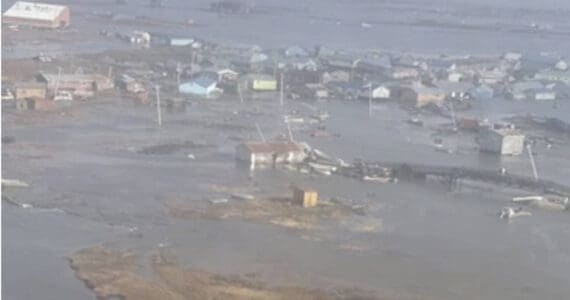 U.S. Coast Guard MH-60 Jayhawk helicopter aircrews conduct overflights of Kipnuk, Alaska, after coastal flooding impacted several western Alaska communities, Oct. 12, 2025. (U.S. Coast Guard photo courtesy of Air Station Kodiak)