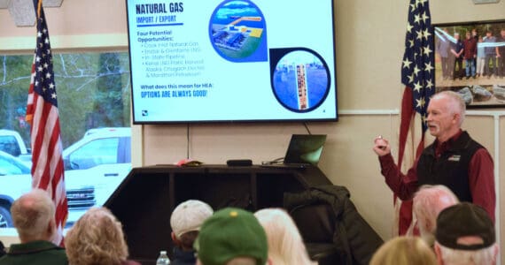 Homer Electric Association CEO and General Manager Brad Janorschke discusses the future of natural gas and impacts on HEA during a community meeting on Thursday, Oct. 23, 2025, at the VFW Post 10221 in Anchor Point, Alaska. (Delcenia Cosman/Homer News)