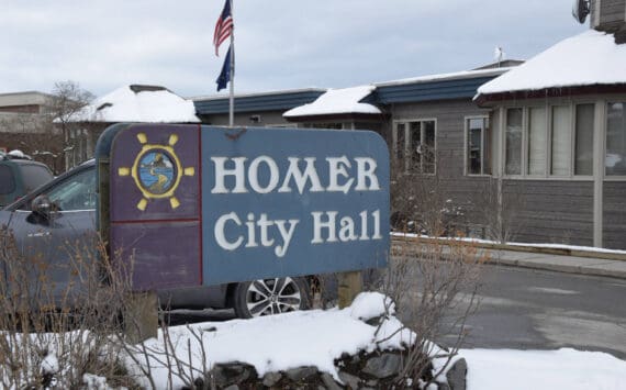 Snow blankets Homer City Hall on April 10, 2025, in Homer, Alaska. (Homer News file photo)