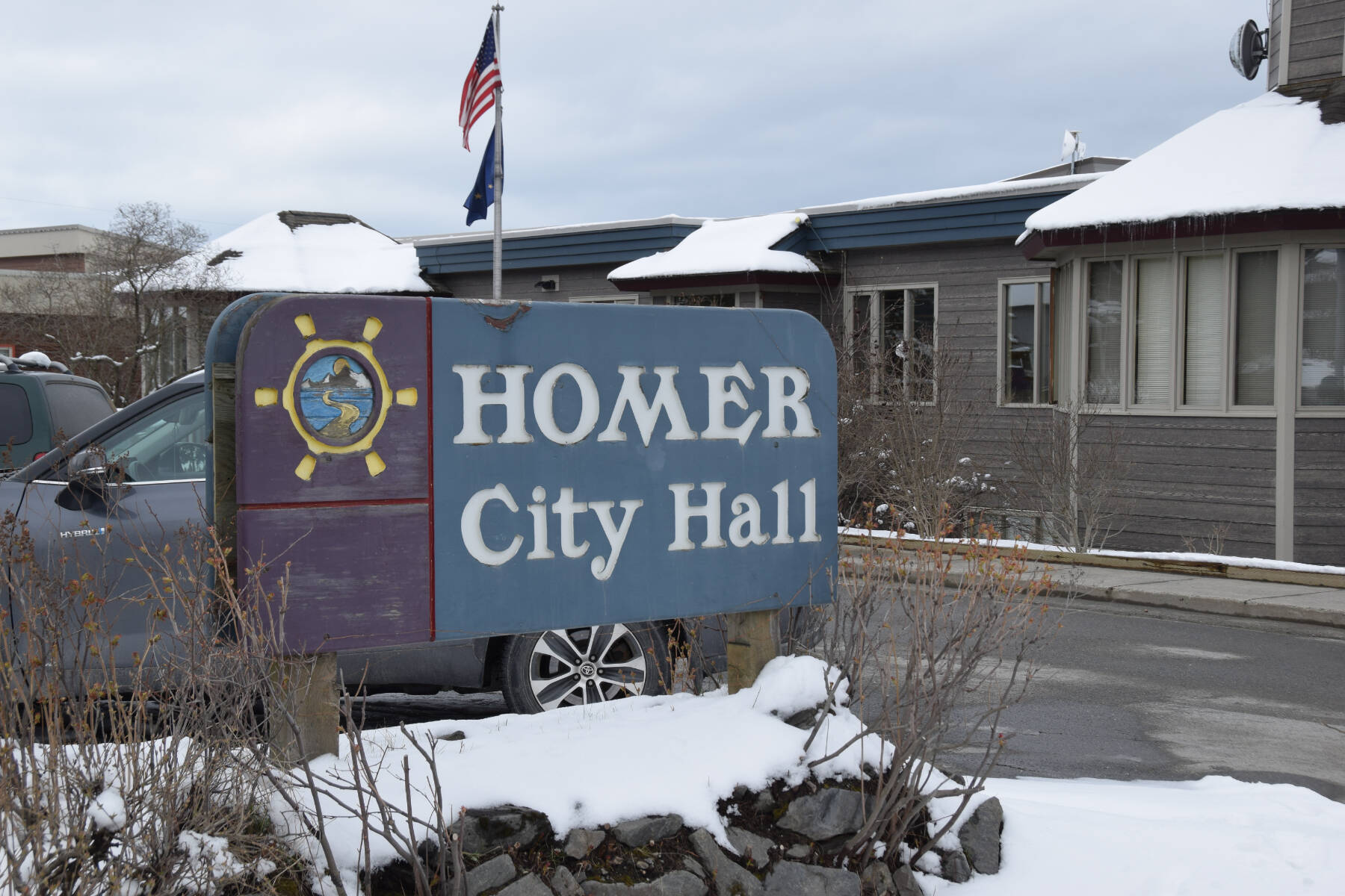 Snow blankets Homer City Hall on April 10, 2025, in Homer, Alaska. (Homer News file photo)