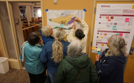 Community members attending the Title 21 Open House hosted by the City of Homer share their ideas on proposed zoning district changes on Thursday, Nov. 6, 2025, at Kachemak Bay Campus in Homer, Alaska. Photo courtesy Karyn DeCino
