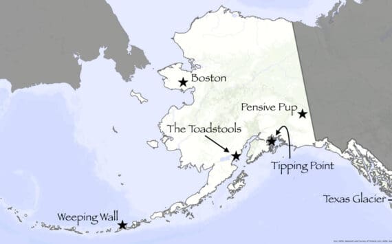 A map of Alaska depicts location names provided in Donald Orth’s Dictionary of Alaska Place Names. Photo provided by Ned Rozell
