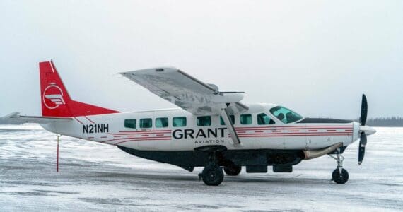 Grant Aviation’s Cessna 208B EX Grand Caravan is pictured at the Kenai Municipal Airport in Kenai, Alaska, on Monday, March 4, 2024. (Jake Dye/Peninsula Clarion)