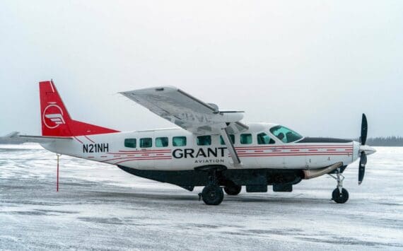 Grant Aviation’s Cessna 208B EX Grand Caravan is pictured at the Kenai Municipal Airport in Kenai, Alaska, on Monday, March 4, 2024. (Jake Dye/Peninsula Clarion)
