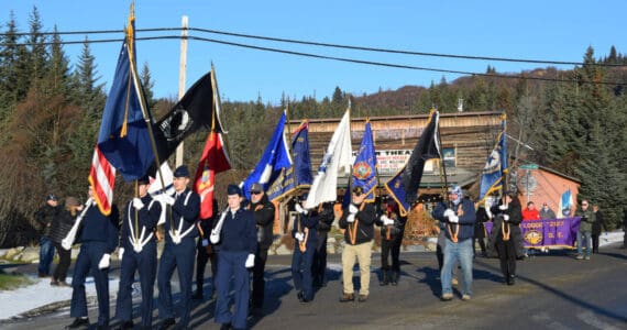 Members of the American Legion Post 16, VFW Post 10221, Civil Air Patrol and Homer Emblem Club #350, as well as local veterans or current military members, march in a parade through Homer, Alaska, in honor of Veterans Day on Tuesday, Nov. 11, 2025. (Delcenia Cosman/Homer News)