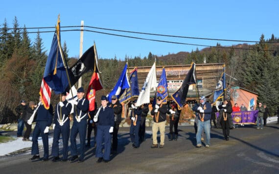 Members of the American Legion Post 16, VFW Post 10221, Civil Air Patrol and Homer Emblem Club #350, as well as local veterans or current military members, march in a parade through Homer, Alaska, in honor of Veterans Day on Tuesday, Nov. 11, 2025. (Delcenia Cosman/Homer News)