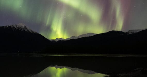 The aurora borealis is seen from Mendenhall Lake in Juneau on Nov. 12, 2025. A series of solar flares caused unusually bright displays of the northern lights across Alaska Tuesday and Wednesday nights. (Chloe Anderson/Peninsula Clarion)