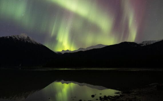 The aurora borealis is seen from Mendenhall Lake in Juneau on Nov. 12, 2025. A series of solar flares caused unusually bright displays of the northern lights across Alaska Tuesday and Wednesday nights. (Chloe Anderson/Peninsula Clarion)