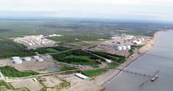 The industrial area of Nikiski, featuring a refinery and currently mothballed LNG and fertilizer plants, was selected by the producer-led consortium of the Alaska LNG Project before the state took over in 2017. (Photo/File/AJOC)
The industrial area of Nikiski, featuring a refinery and currently mothballed LNG and fertilizer plants, was selected by the producer-led consortium of the Alaska LNG Project before the state took over in 2017. (File photo)