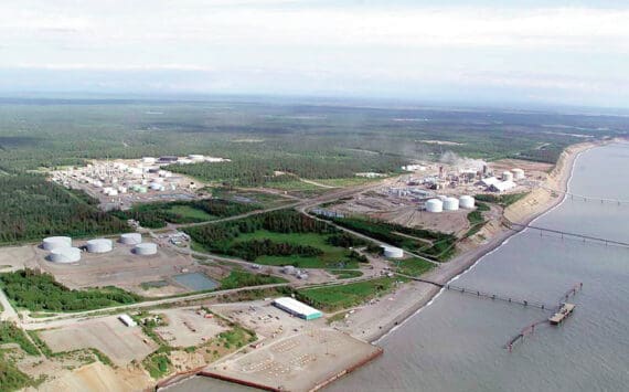 The industrial area of Nikiski, featuring a refinery and currently mothballed LNG and fertilizer plants, was selected by the producer-led consortium of the Alaska LNG Project before the state took over in 2017. (Photo/File/AJOC)
The industrial area of Nikiski, featuring a refinery and currently mothballed LNG and fertilizer plants, was selected by the producer-led consortium of the Alaska LNG Project before the state took over in 2017. (File photo)