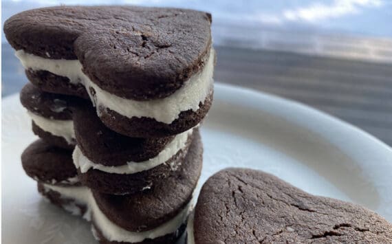 These heart-shaped chocolate sandwich cookies go perfectly with a glass of milk. (Photo by Tressa Dale/Peninsula Clarion)