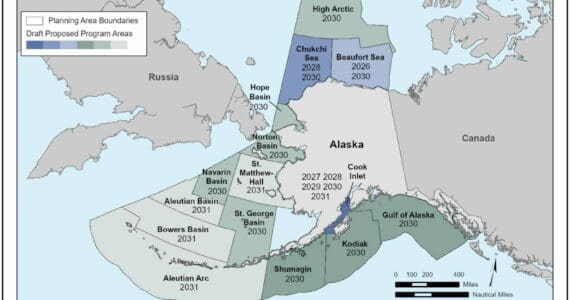 A map shows the locations of the 21 Alaska federal offshore oil and gas lease sales proposed by the Trump administration. (Map provided by the U.S. Bureau of Ocean Energy Management)