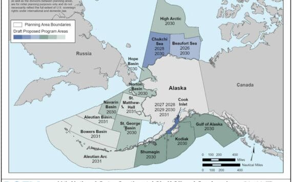 A map shows the locations of the 21 Alaska federal offshore oil and gas lease sales proposed by the Trump administration. (Map provided by the U.S. Bureau of Ocean Energy Management)