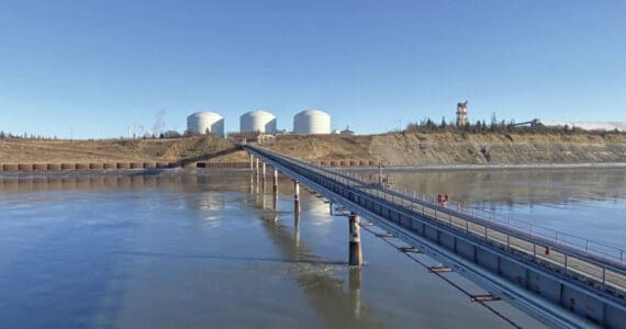 Courtesy Harvest
On the Kenai Peninsula, a dormant liquefied natural gas export plant could be repurposed to receive cargoes of imported LNG under a plan being studied by Harvest, an affiliate of oil and gas company Hilcorp. The fuel would be transferred from ships to the tanks on the left, still in liquid form, before being converted back into gas and sent into a pipeline.