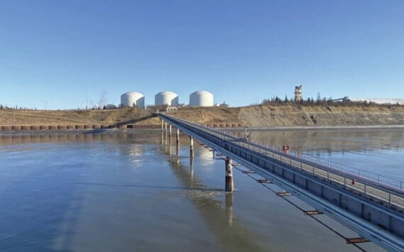 Courtesy Harvest
On the Kenai Peninsula, a dormant liquefied natural gas export plant could be repurposed to receive cargoes of imported LNG under a plan being studied by Harvest, an affiliate of oil and gas company Hilcorp. The fuel would be transferred from ships to the tanks on the left, still in liquid form, before being converted back into gas and sent into a pipeline.