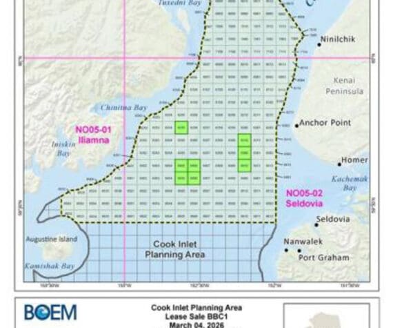 The Trump administration’s “Big Beautiful Bill” act requires the Bureau of Ocean Energy management to hold at least six offshore oil and gas lease sales in Alaska between 2026-2028 and 2030-2032. The first of these sales — known as “Big Beautiful Cook Inlet 1,” or BBC1— is scheduled for March 2026. Photo courtesy of the Bureau of Ocean Energy Management