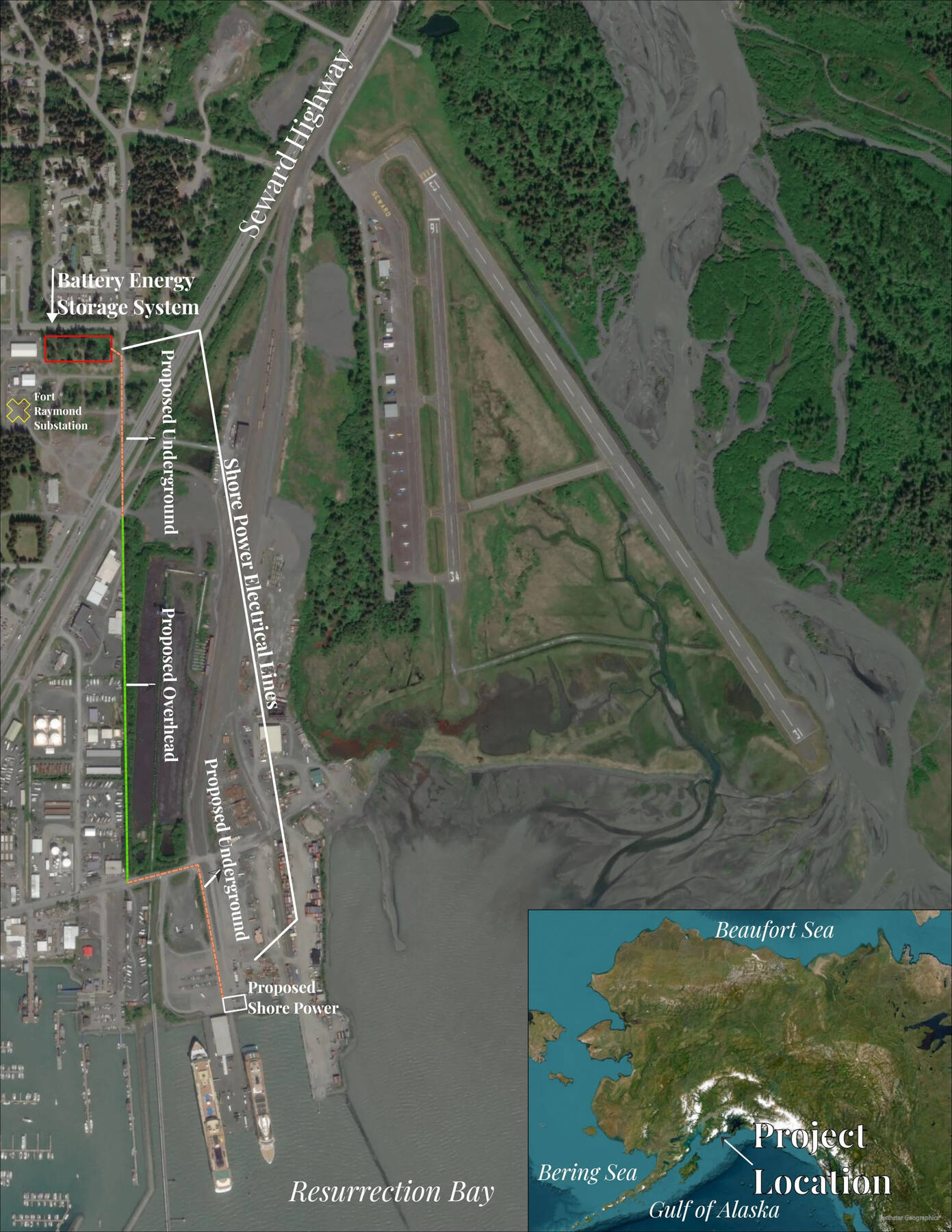 A map presented by Seward City Manager Kat Sorenson during a Kenai Peninsula Borough Assembly meeting on Dec. 2, 2025, shows the location of the Port of Seward Vessel Shore Power Implementation Project. Screenshot