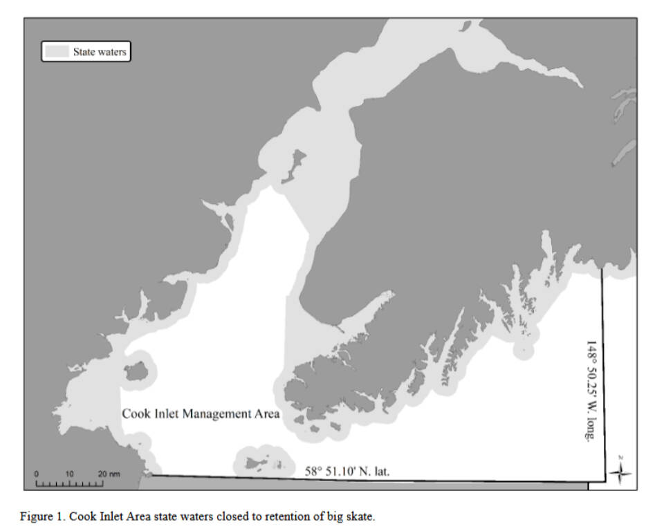 A map depicts the Cook Inlet Area state waters closed to retention of big skates through Dec. 31, 2025. Photo courtesy of the Alaska Department of Fish and Game