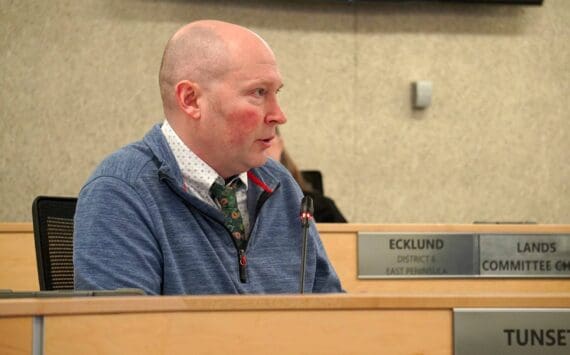 Ryan Tunseth speaks during a meeting of the Kenai Peninsula Borough Assembly in Soldotna, Alaska, on Tuesday, April 1, 2025. (Jake Dye/Peninsula Clarion)