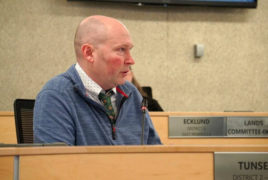 <p>Ryan Tunseth speaks during a meeting of the Kenai Peninsula Borough Assembly in Soldotna, Alaska, on Tuesday, April 1, 2025. (Jake Dye/Peninsula Clarion)</p>