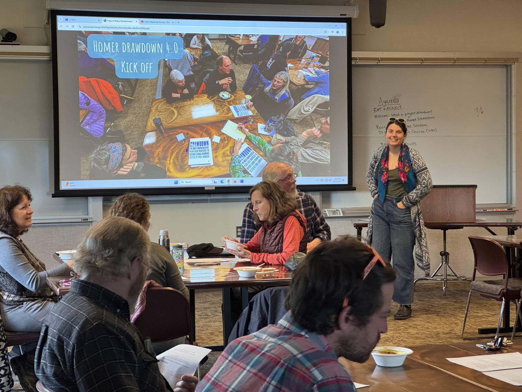 Cook Inletkeeper Clean Water Lead Satchel Pondolfino (right rear) looks over community members discussing potential new climate solutions during the Homer Drawdown 4.0 kick-off on Oct. 2, 2025, at Kachemak Bay Campus in Homer, Alaska. Photo courtesy Jamie Currie