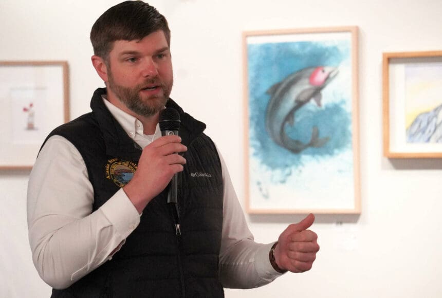 <p>Sen. Jesse Bjorkman, R-Nikiski, speaks during a joint luncheon of the Kenai and Soldotna Chambers of Commerce in Kenai, Alaska, on Wednesday, June 4, 2025. (Jake Dye/Peninsula Clarion)</p>