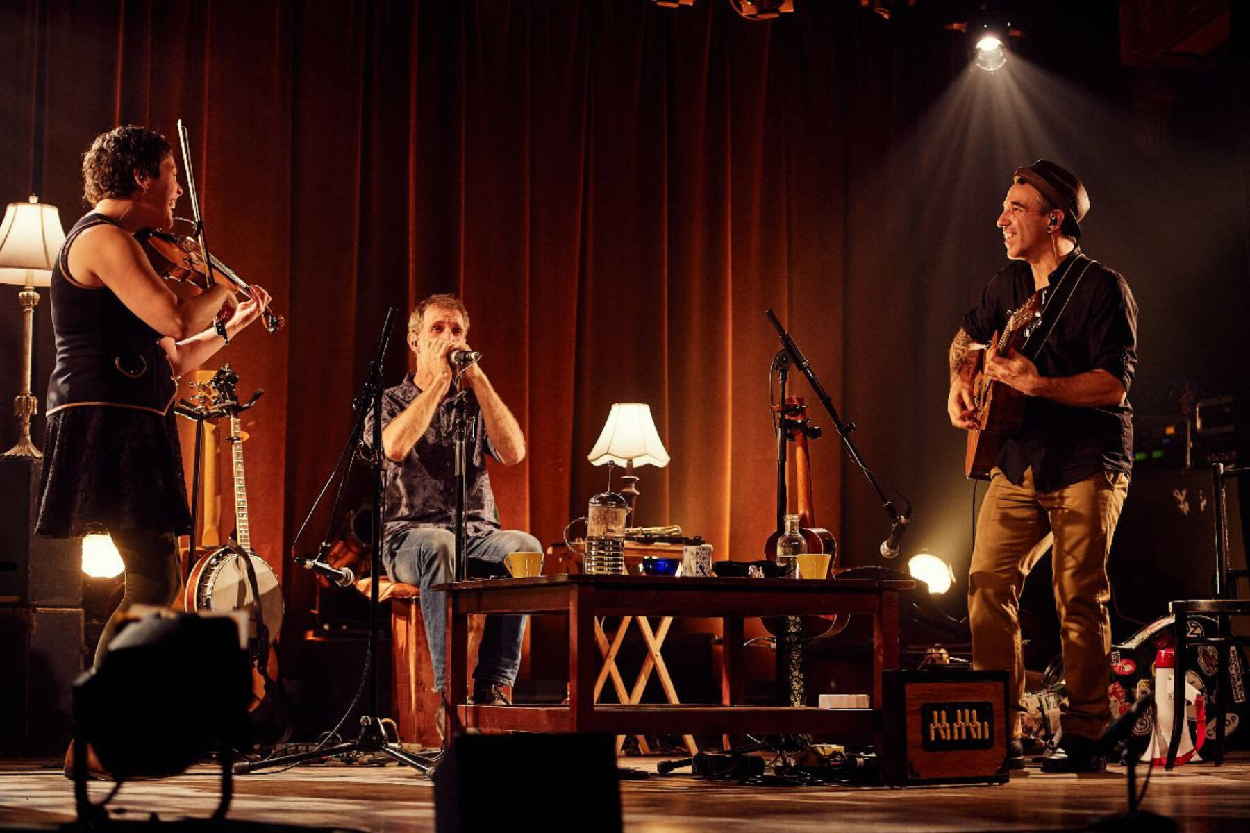 Bon Débarras artists Dominic Desrochers, Jean-François Dumas and Veronique Plasse, presented by Homer Council on the Arts, will perform at the Homer High School Mariner Theatre on Saturday, March 14, 2026, in Homer, Alaska. Photo provided by Homer Council on the Arts