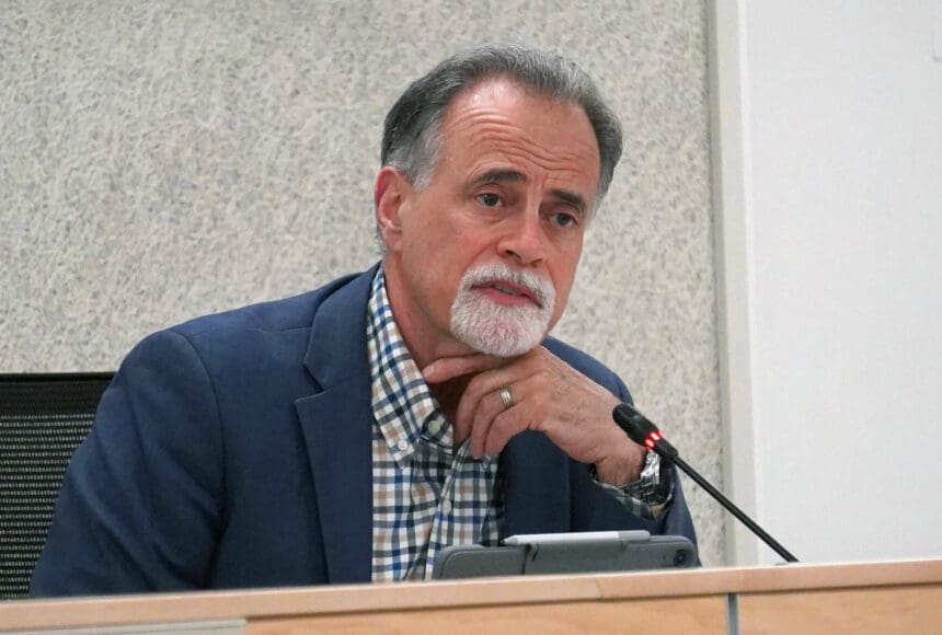 <p>Kenai Peninsula Borough Mayor Peter Micciche speaks during a meeting of the Borough Assembly in Soldotna, Alaska, on Tuesday, May 21, 2024. (Jake Dye/Peninsula Clarion)</p>