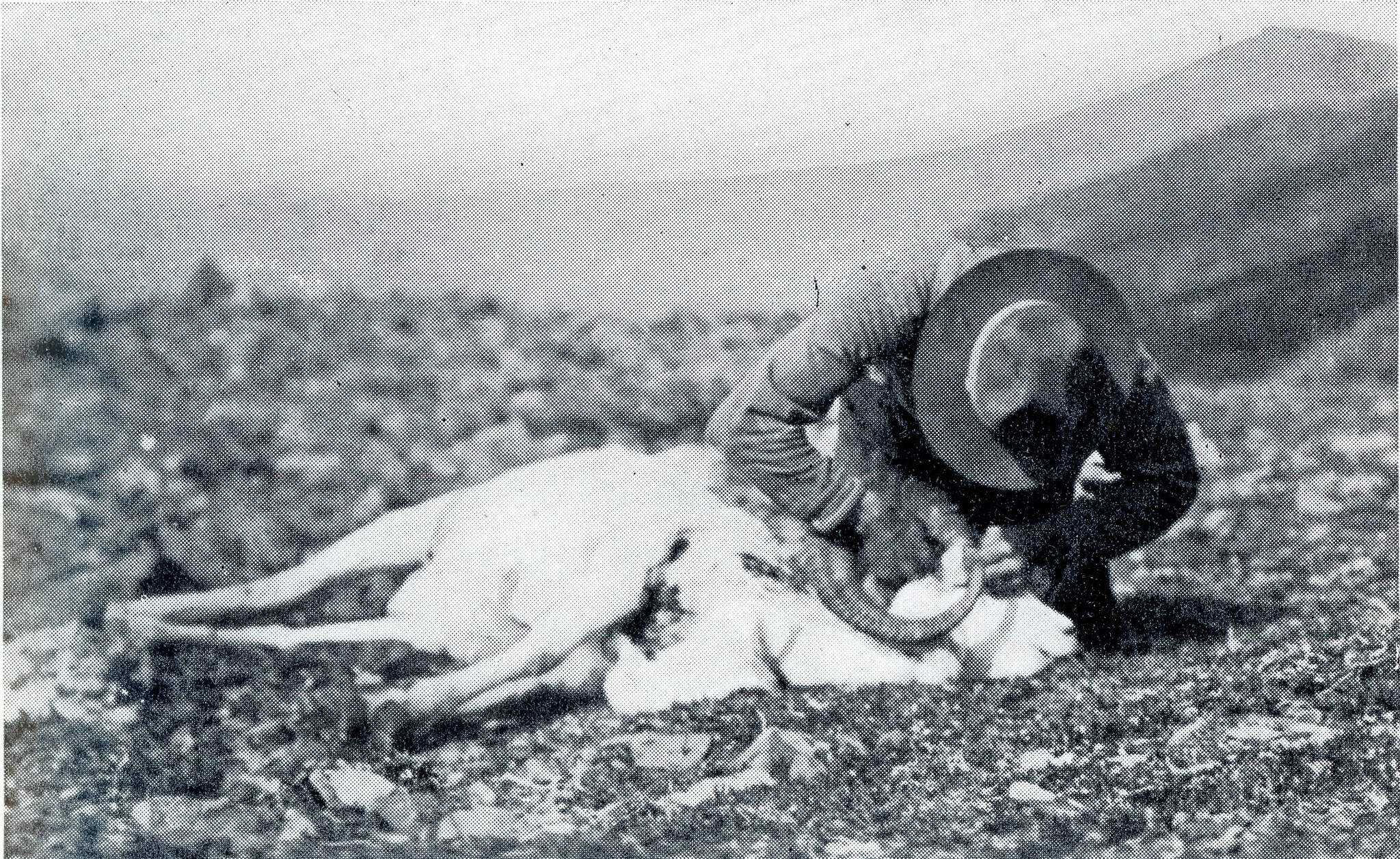 This image is the only confirmed photograph of guide Ben Swesey discovered by the author. The photo, from John P. Holmans 1933 hunting memoir, Sheep and Bear Trails, shows Swesey working to remove the cape from a Dall sheep ram shot by Holman in 1917.