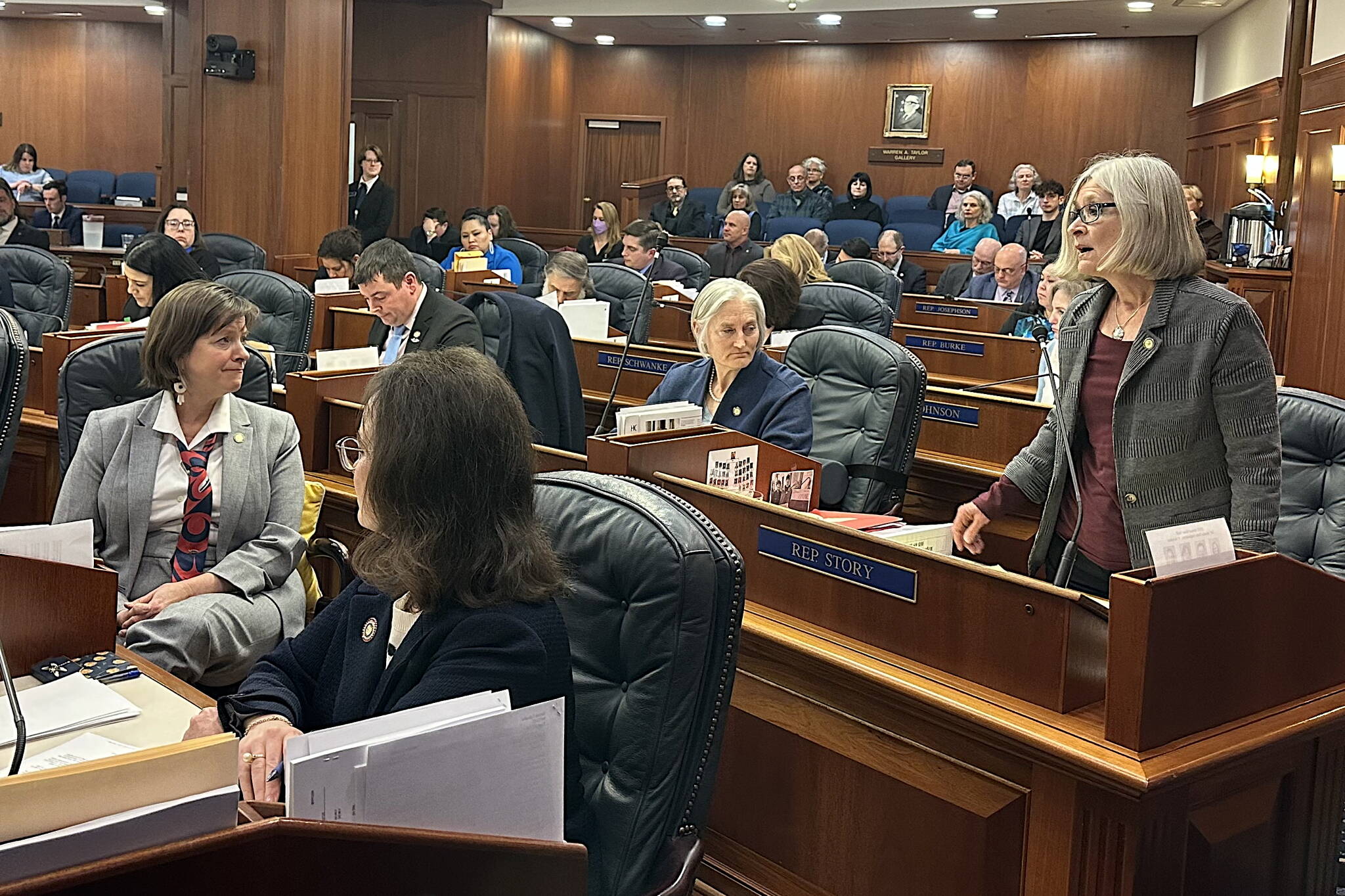 Rep. Andi Story (D-Juneau), co-chair of the House Education Committee, speaks in favor of overriding Gov. Mike Dunleavys veto of an education funding bill during a joint session of the Alaska Legislature in 2025. (Juneau Empire file photo)