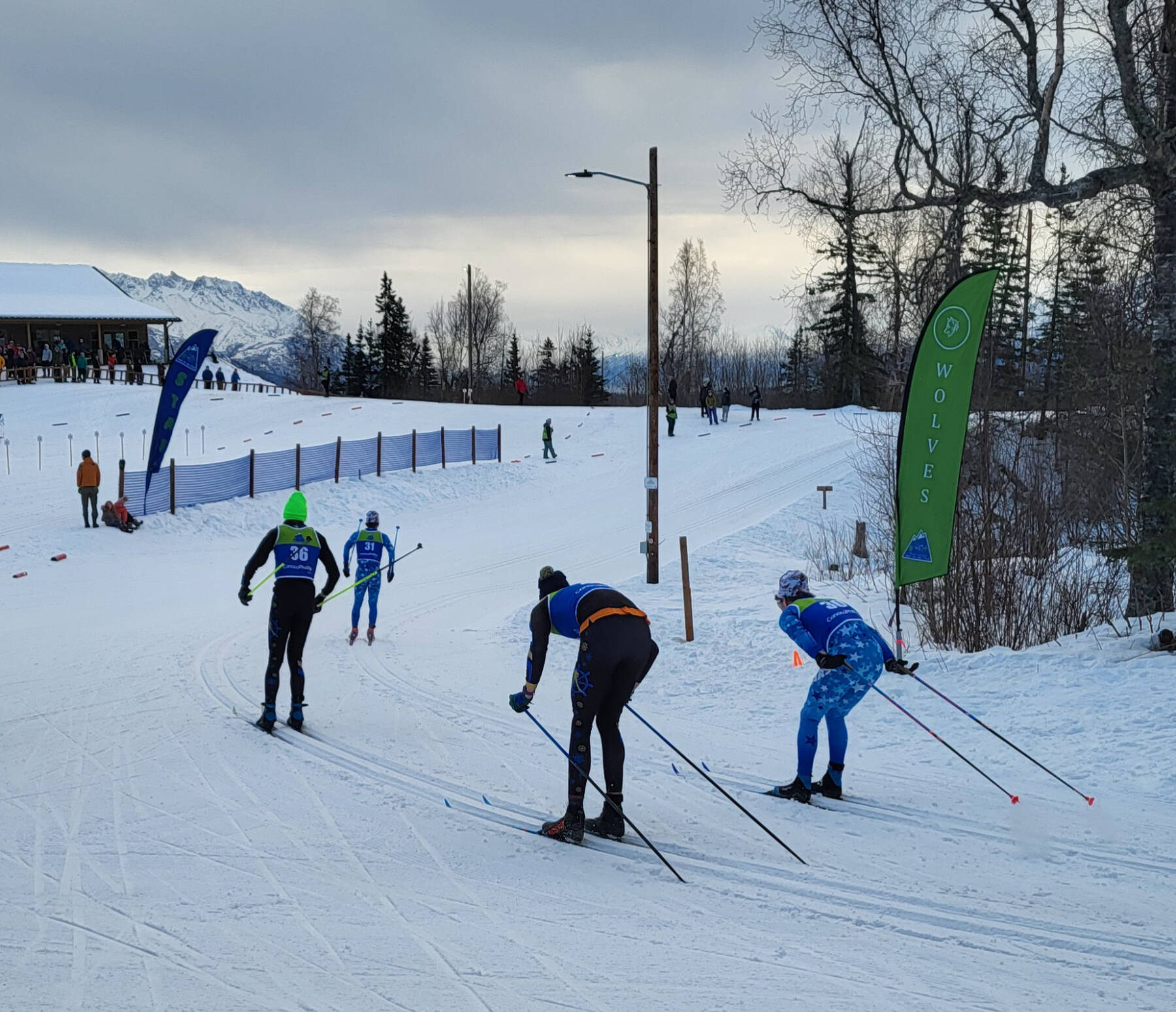 Soldotnas Ollie Dahl is chased by Homers Tait Ostrom and Johannes Bynagle and Soldotnas Michael Davidson during the 7.5-kilometer classic race on Saturday, Feb. 7 in Palmer, Alaska. Photo courtesy Jessie Goodrich