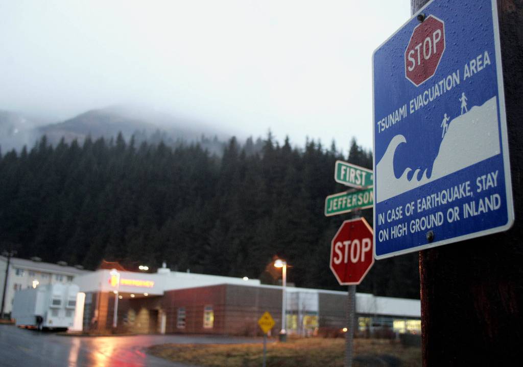 A sign near the Seward hospital designates the area as one of the tsunami evacuation areas in Seward on Friday Dec. 23, 2005. (Al Grillo | Associated Press File photo)