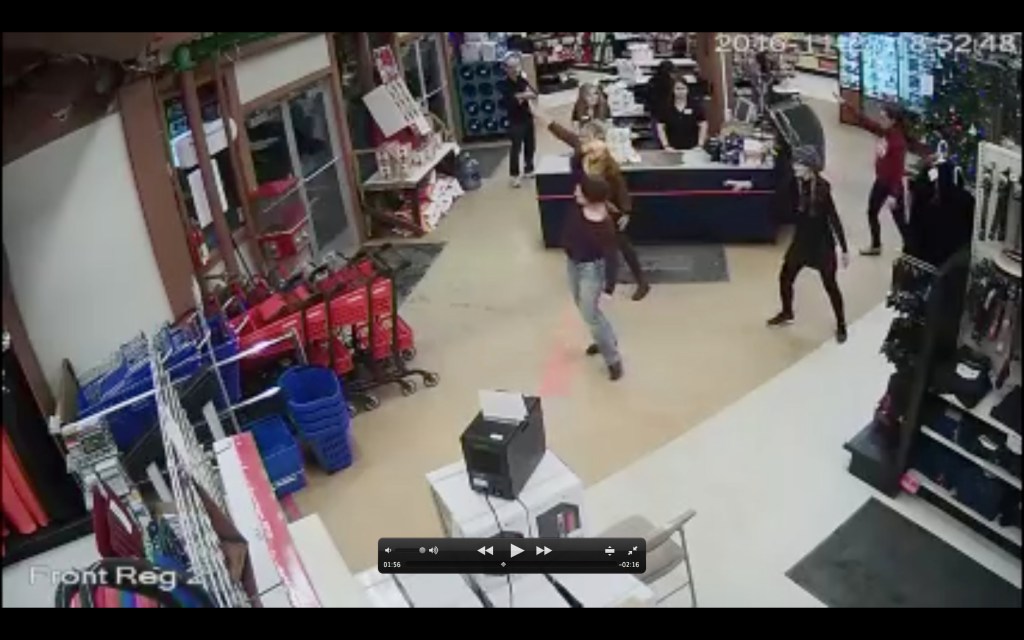 Dancers do a flash mob dance recorded by surveillance cameras at Ulmer&rsquo;s.