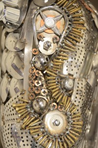 A close up of an engine on one of Don Henry&rsquo;s art bikes.