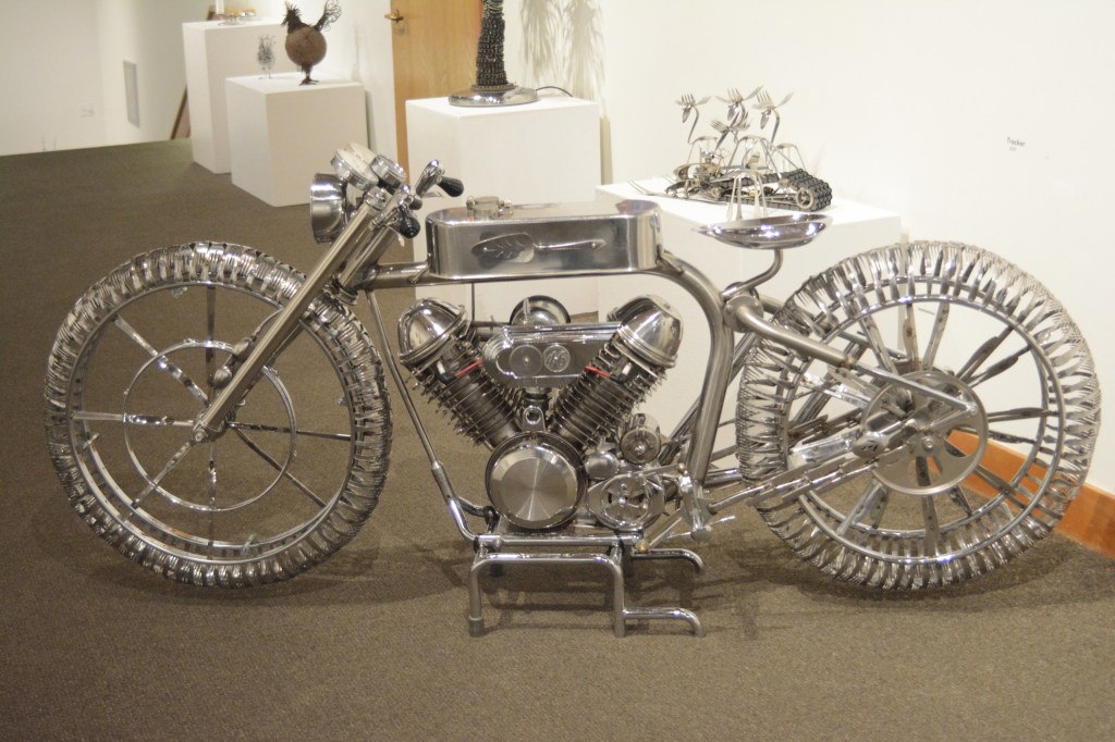Photo by Michael Armstrong, Homer News  Don Henry&rsquo;s Tracker and four other motorcycle sculptures he created from all kinds of found objects are now on display at the Pratt Museum.
