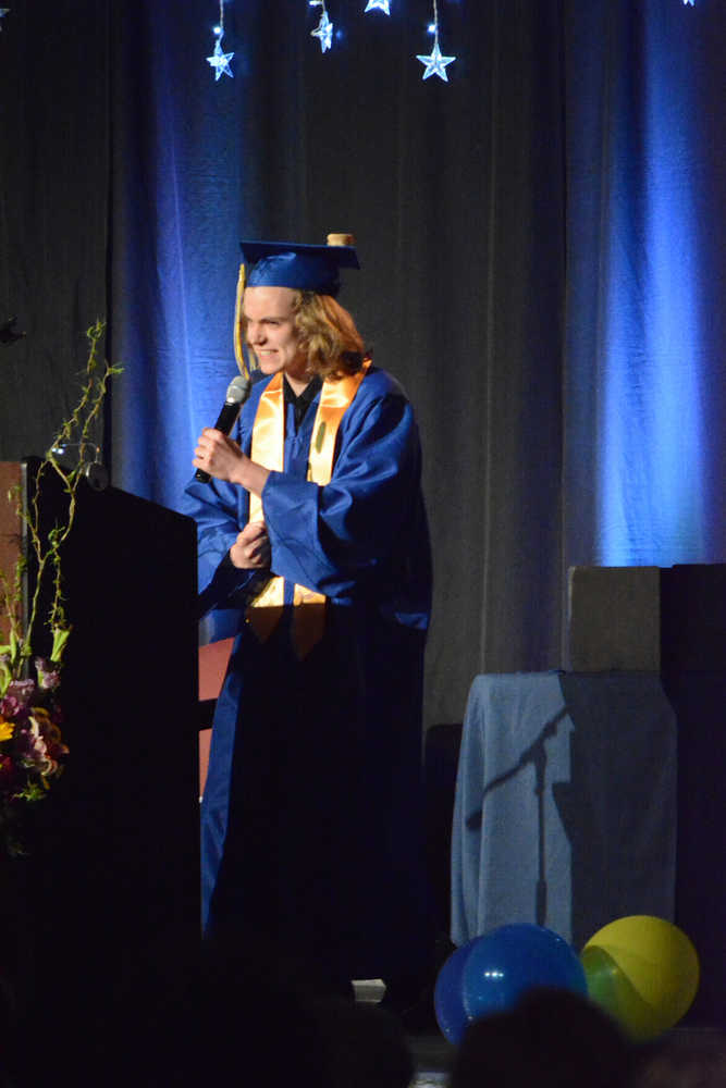 Valedictorian Jonas Noomah delivers his speech at Homer High School Commencement exercises on Tuesday.