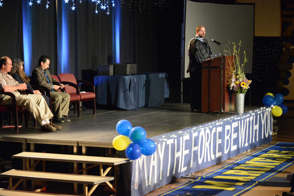 Homer High School Principal Douglas Waclawski speaks at commencement on Tuesday night.