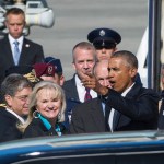 President Barack Obama and Gov. Bill Walker are greeted by Walker’s wife, Donna, Anchorage’s Mayor Ethan Berkowitz, left, Sen. Dan Sullivan, center background, and Lt. Gov. Byron Mallott, right, in front of Air Force One after landing at Joint Base Elmendorf-Richardson in Anchorage on Monday.-Photo by Michael Penn, Morris News Service - Alaska