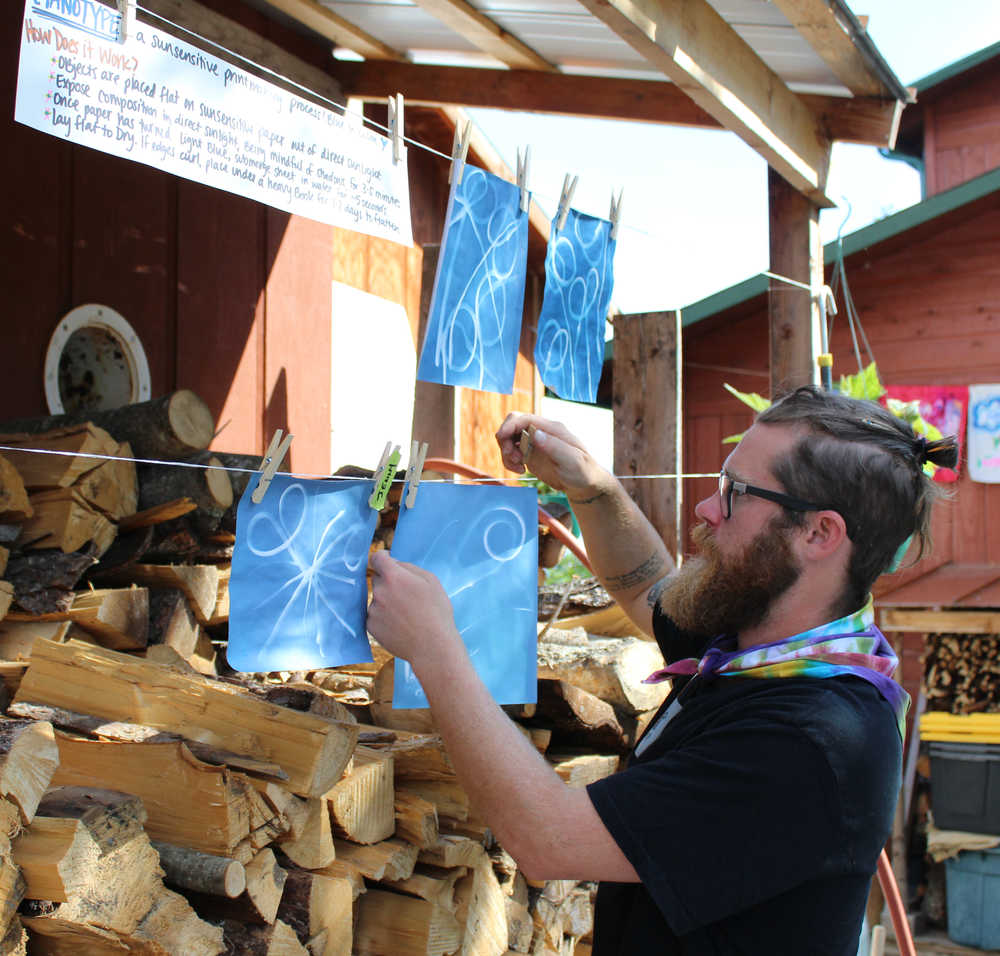 Kevin Lahaie hangs up the cyanotype botanical art created by guests at Synergy Gardens' First Annual Great Garlic Scape Festival. The prints were created by placing garlic scapes and other plants on top of treated paper, left in the sun to absorb UV rays, then dipped in water.