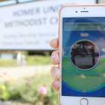 The former sign for Homer United Methodist Church shows up on the Pokestop. At least three of Homer's churchs are Pokestop locations in Pokemon Go.