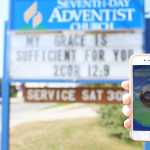 The Seventh Day Adventist Church sign still exists as shown in the Pokestop, though the lettering has changed. The sign in the photo for the Pokestop reads, "Tune in to AM 1618. God Bless: Worship Serv Sat 3:00."