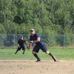 Beluga Lake Lodge player Chris Perk takes off from second base during the first championship game against Mean Machine for the Homer city league tournament championship on Sunday, July 31.