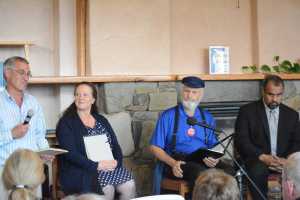 Moderator Andrew Haas, left, introduces the Republican Party candidates for House District 31 at a debate to start last Friday, Aug. 4, at the Homer Public Library. From left to right are Homer Mayor Beth Wythe, incumbent Rep. Paul Seaton, and Anchor Point businessman John Cox.