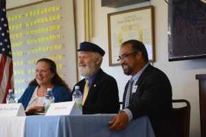 Homer Mayor Beth Wythe, Rep. Paul Seaton and John Cox pose for a photo at the Homer Chamber of Commerce and Visitor Center debate on Tuesday at the Homer Elks Lodge.