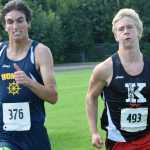 Photo by Jeff Helminiak/Peninsula Clarion Homer's Charlie Menke and Kenai's Karl Danielson sprint to the finish Monday in the junior-senior boys race at the Nikiski Class Races at Nikiski High School. Menke finished seventh, while Danielson was eighth.